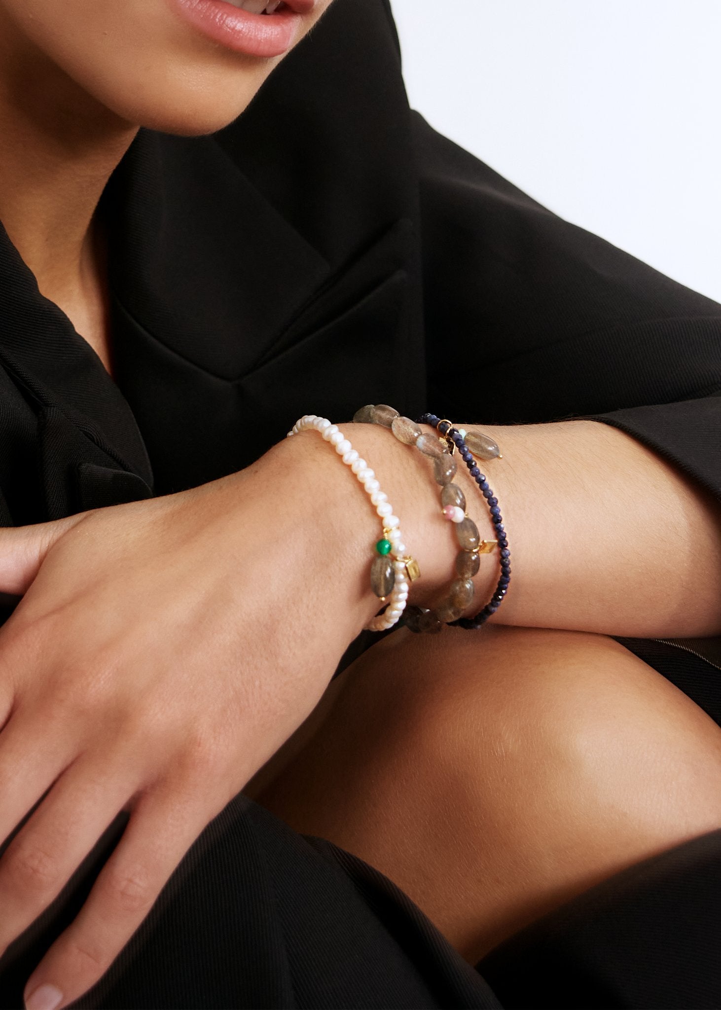 Rondelle Armband mit Saphir, Labradorit und Chrysopras - vergoldet