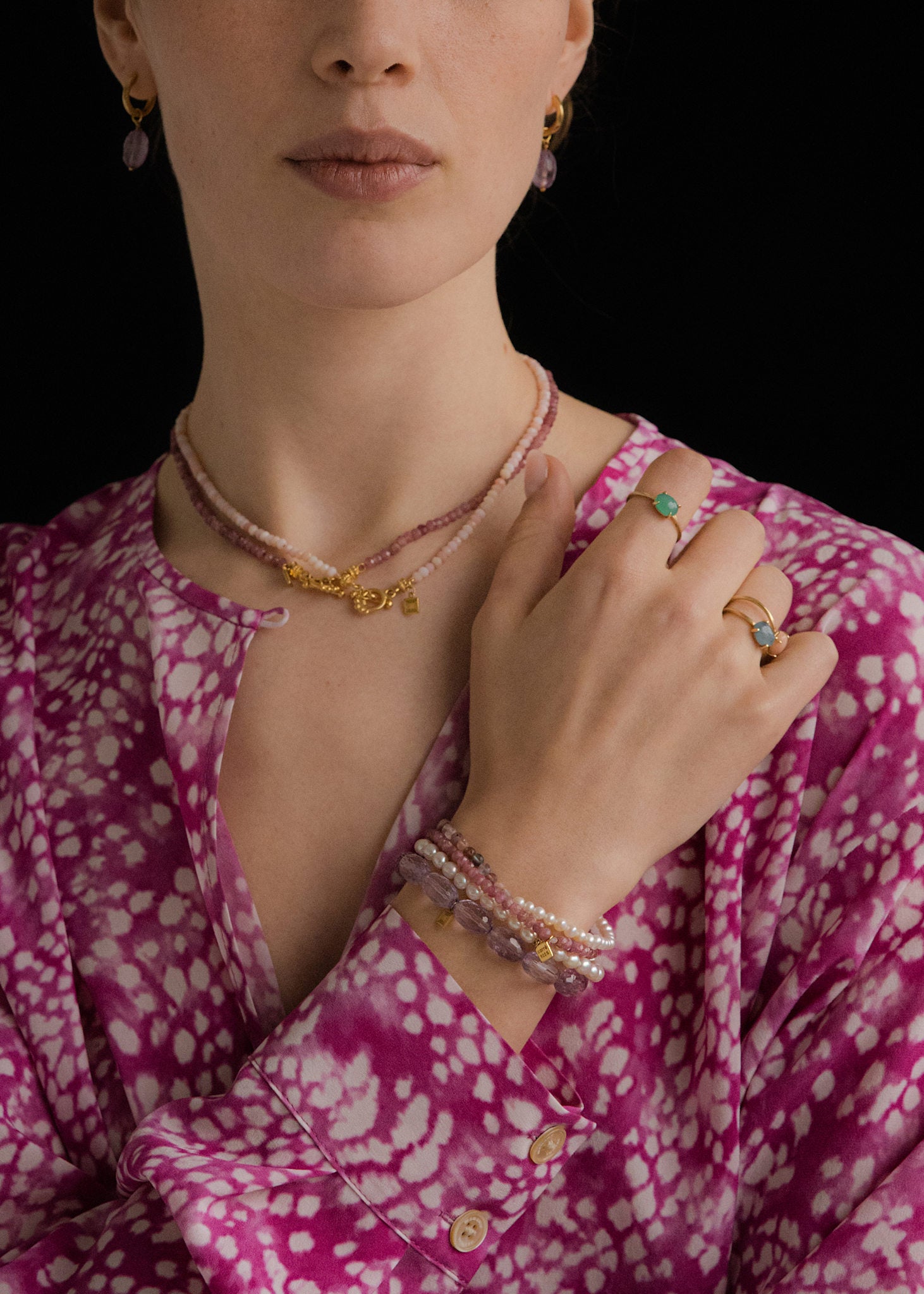 Twin armband mit Pink Spinel und Süßwasserperlen - vergoldet