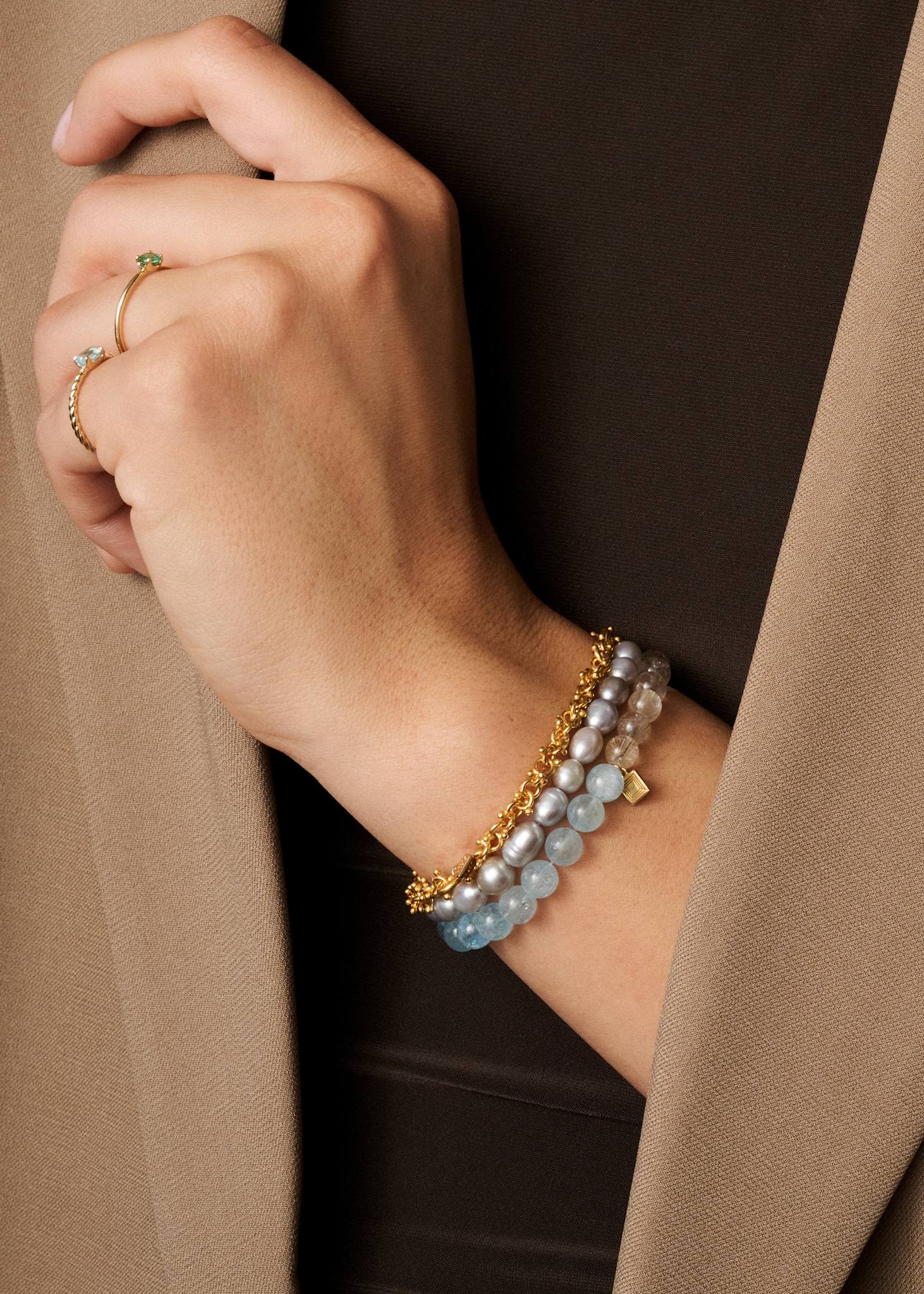 Trio Armband mit Rutilquarz, Aquamarin und Labradorit - vergoldet