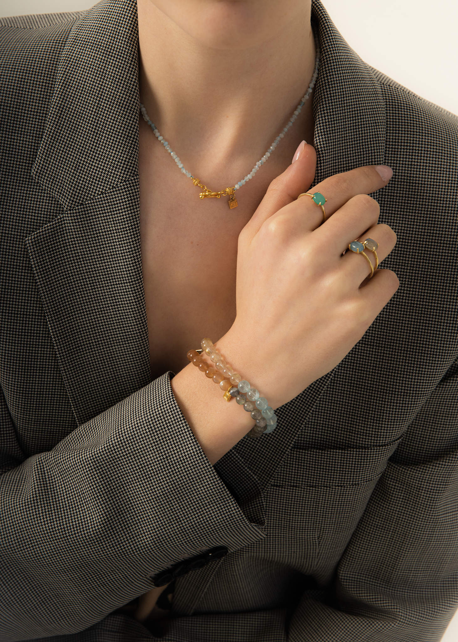 Trio Armband mit Rutilquarz, Aquamarin und Labradorit - vergoldet