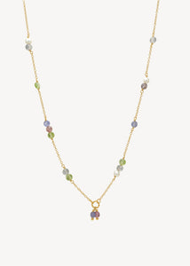 Halskæde i guldbelagt sterling sølv med tanzanit, labradorit, pink spinel og grønne peridot ædelsten og hvide ferskvandsperler på en tynd kæde, perfekt gave til hende 
