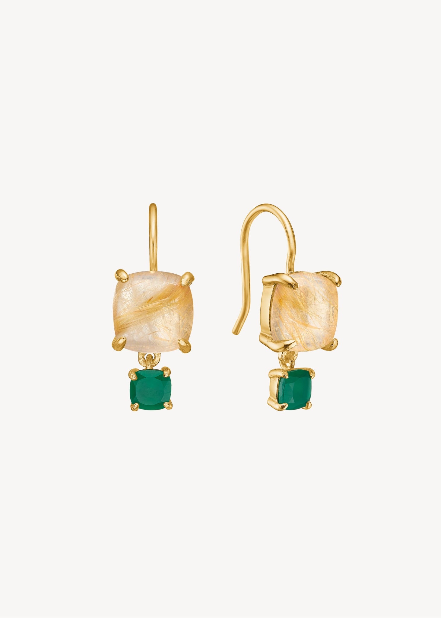 Boho inspirerede dråbe øreringe med gylden rutil kvarts og grønne agat ædelsten i et dråbe design med store ægte ædelsten i guld i arabisk design