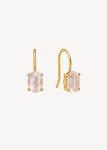 små dråbeøreringe i guldbelagt sølv på tilbud hos carré jewellery sat med facetslebne ægte rosa kvarts ædelsten, shop sale øreringe hos carré nu