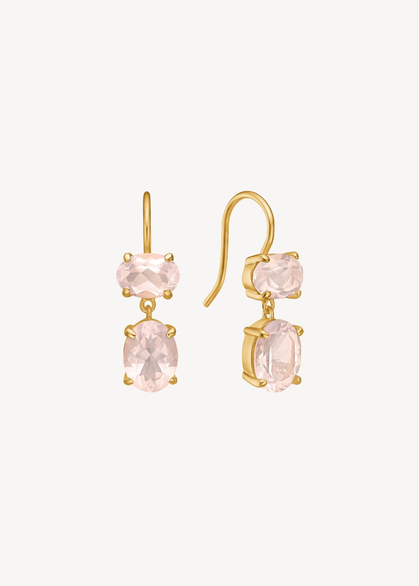 Lange hængeøreringe i guldbelagt sterling sølv med ovalslebne rosa kvarts ædelsten, der symboliserer kærlighed, perfekt gave til hende på udsalg