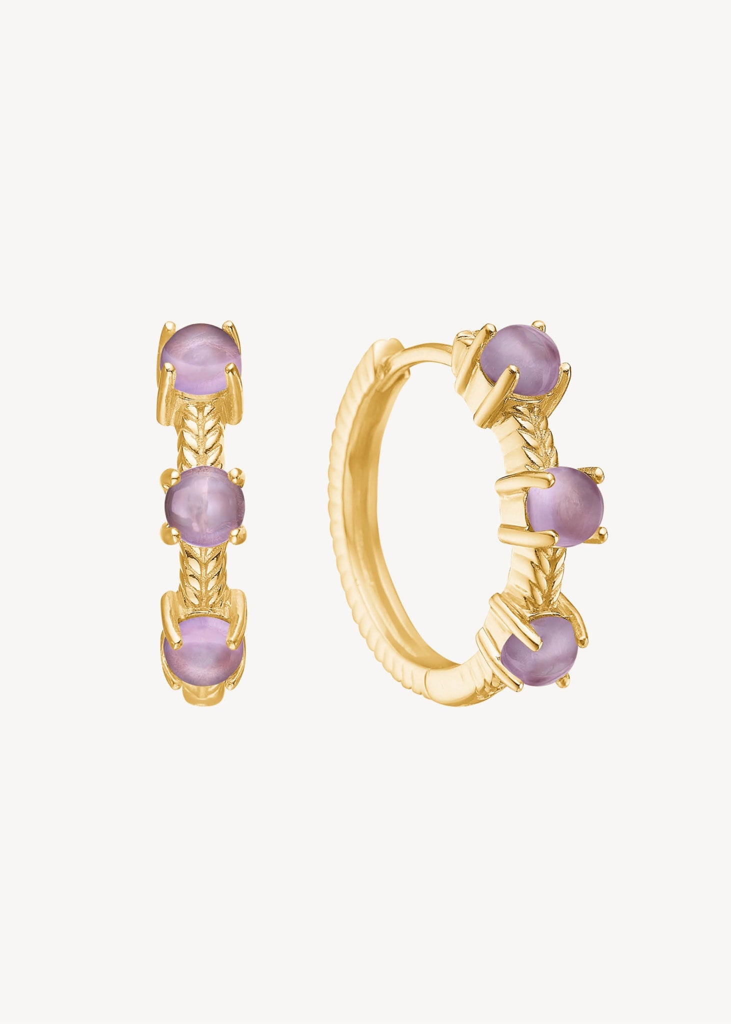 Elegante hoop øreringe i guld med februars fødselssten, lilla ametyst ædelsten i 2 cm til ham og hende, perfekt gave til hende med fødselsdag i februar og store øreringe i guld til festen 