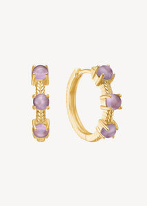 Elegante hoop øreringe i guld med februars fødselssten, lilla ametyst ædelsten i 2 cm til ham og hende, perfekt gave til hende med fødselsdag i februar og store øreringe i guld til festen 