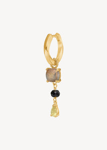 Lange hængeøreringe i guld med hoop og en charm med labradorit, sort spinel og lemon kvarts ædelsten til ham og hende 