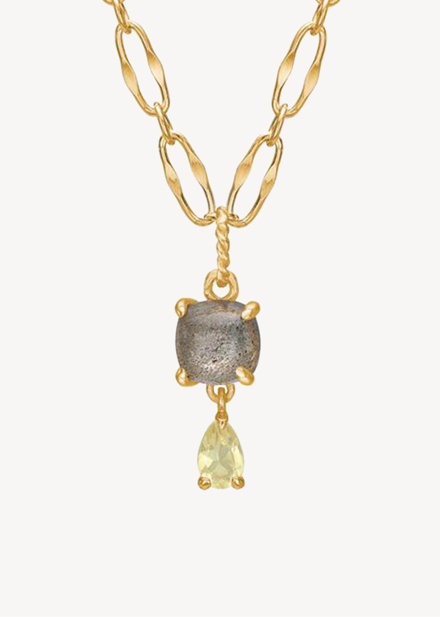 elegant vedhæng til halskæder med lemon kvarts og labradorit ædelsten i guld i boheme stil på tilbud hos Carré Jewellery 