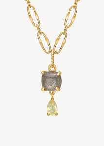 elegant vedhæng til halskæder med lemon kvarts og labradorit ædelsten i guld i boheme stil på tilbud hos Carré Jewellery 