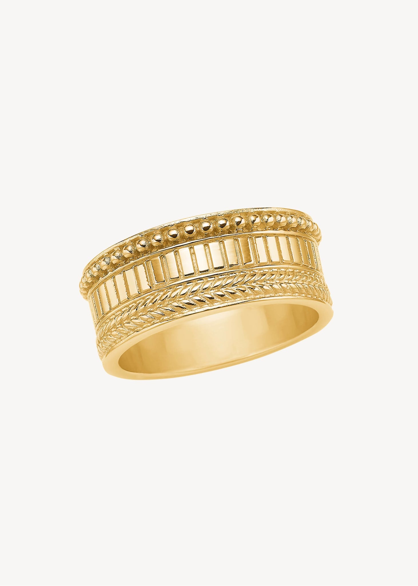 stor guldbelagt sterling sølv ring i bredt design til mænd og kvinder med prikker, nålestriber og flettet mønster til ham og hende til konfirmation, smykker til bryllup og unisex ringe til par