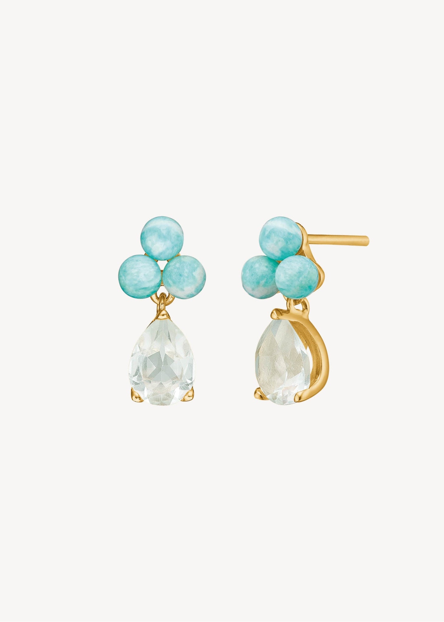 Smukke og unikke ørestikker i hængeøreringe stil i guldbelagt sterling sølv med tre kugler af amazonit ædelsten og store dråber af grøn prasiolit ædelsten