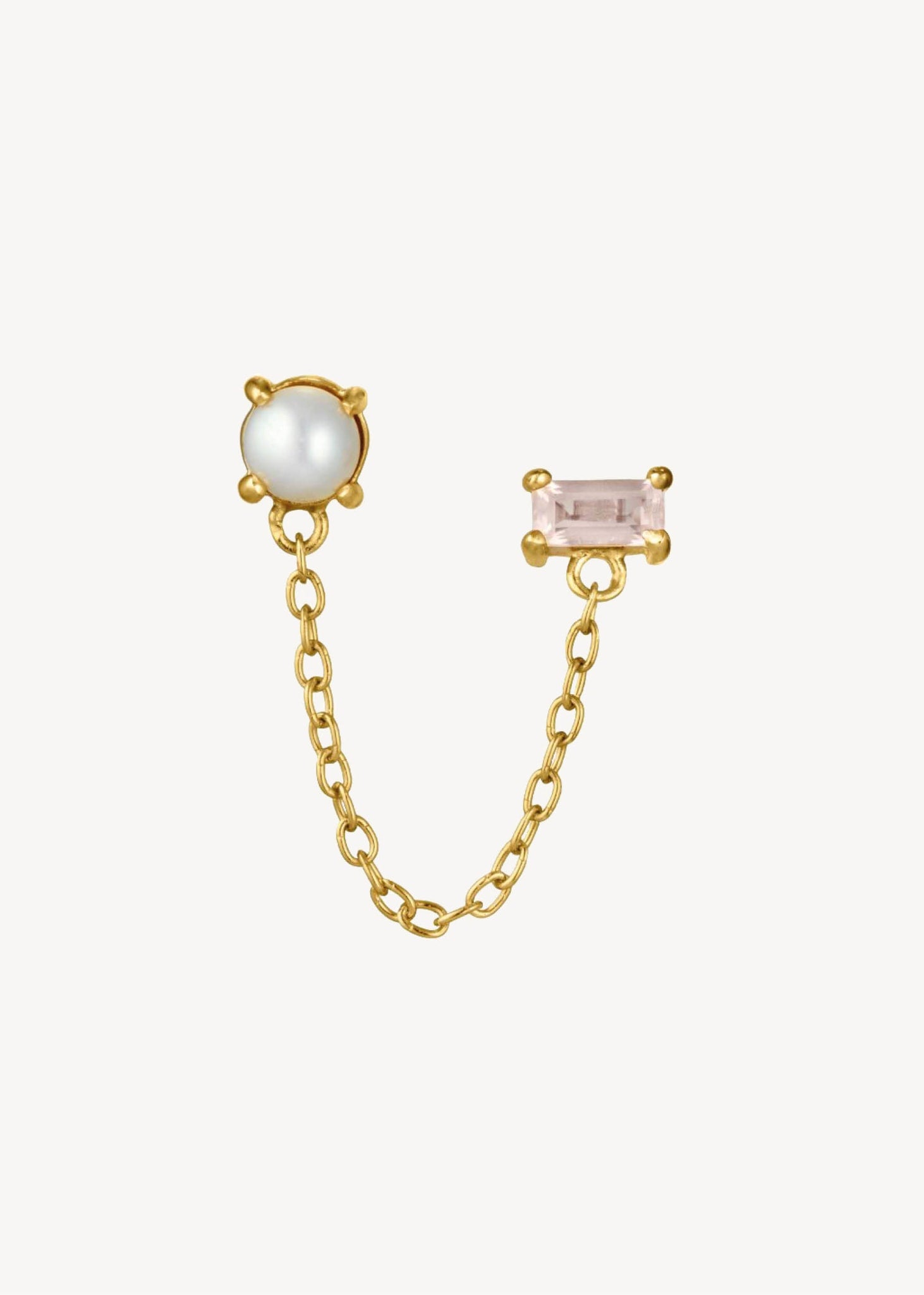 Smuk dobbelt ørestik til to huller i guldbelagt sterling sølv med lyserød rosa kvarts og en hvid ferskvandsperle til konfirmation og bryllup og gave under 250 kr til hende 