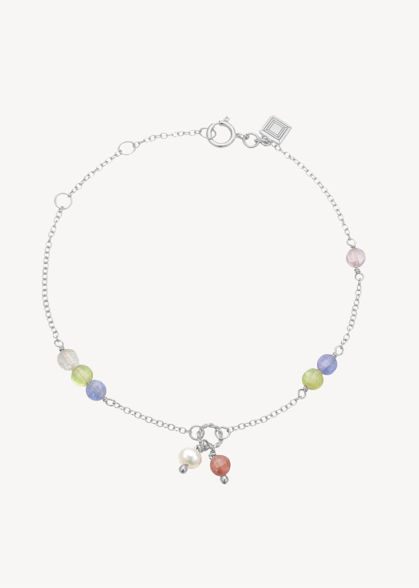 sterling sølv sødt armbånd til børn og voksne med pastel ædelsten i vandfast sølv med tanzanit, pink spinel, peridot, labradorit og hvide ferskvandsperler