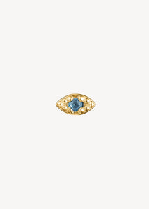 Unik elegant ørestik i 10-karat ægte guld med små byzantinsk inspirerede detaljer i guldet og novembers fødselssten, london blå topas som iris i øjet - perfekt gave til hende under 1000 kr