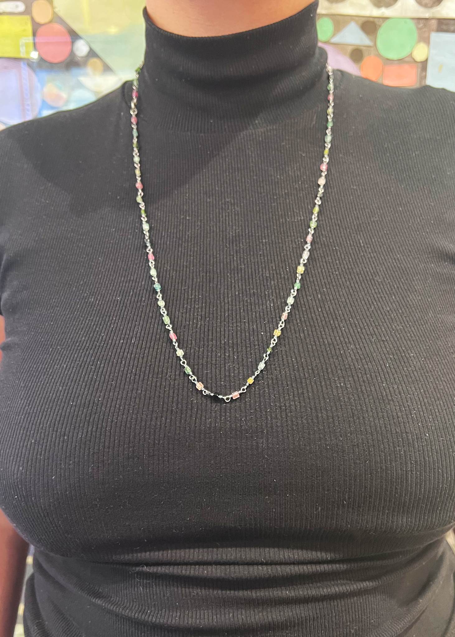 Gemma Halskette mit Turmalin 70cm - oxidiertes Silber