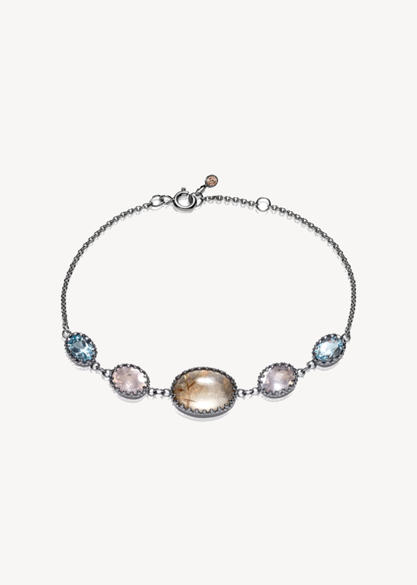 Skønt vintage armbånd i oxideret sterling sølv med blå topas, rutil kvarts og rosa kvarts ædelsten i blondekanter fra carré jewellery