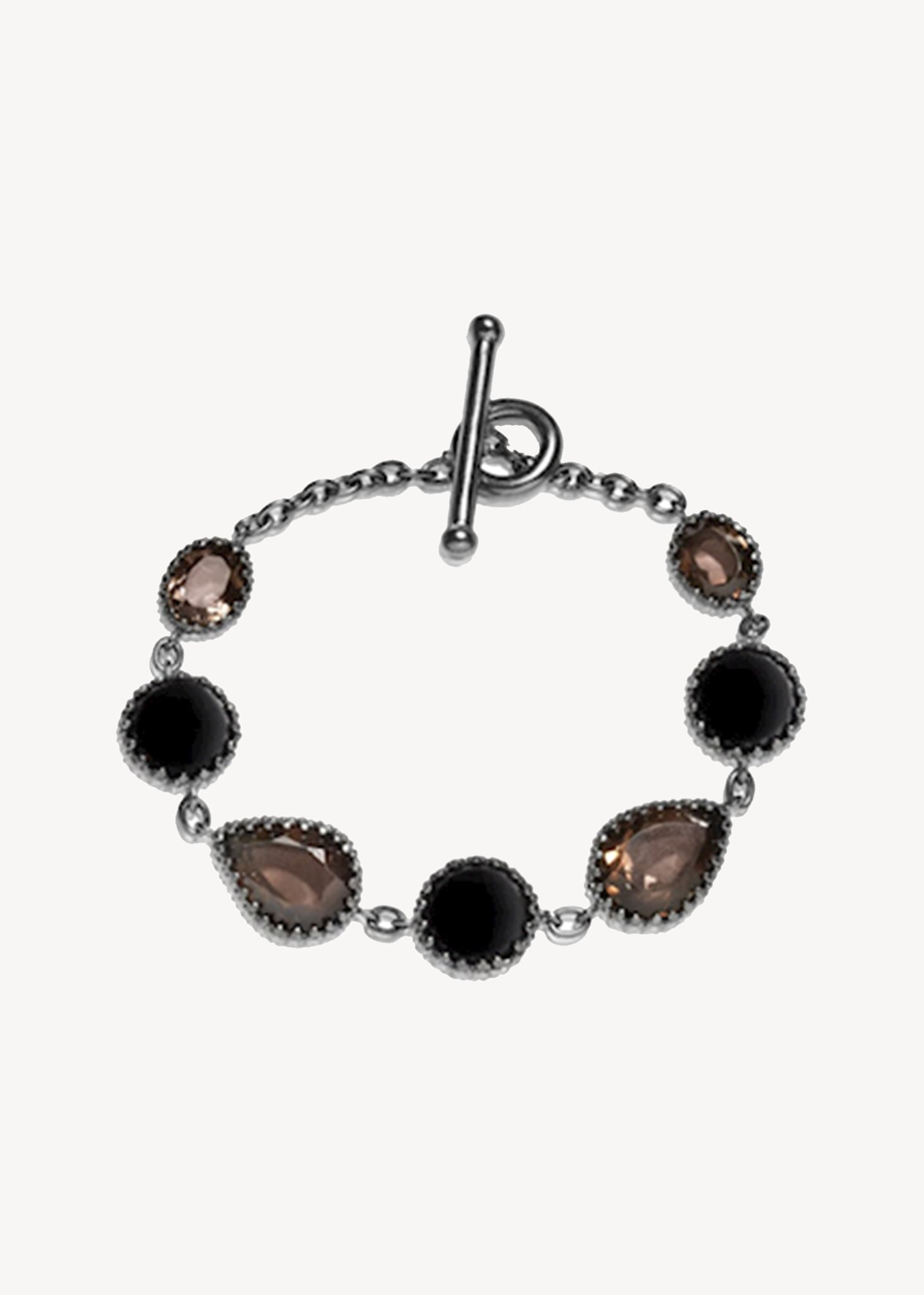 Elegant vintage chunky armbånd i sort oxideret sterling sølv med bidsellås fra carré jewellery til mænd og kvinder sat med røg kvarts og sorte agat ædelsten, perfekt gave til hende 