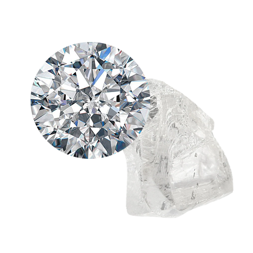 Billede af en brilliantslebet diamant og en rå diamant ædelsten på usynlig baggrund