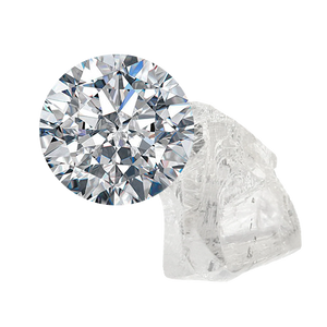Billede af en brilliantslebet diamant og en rå diamant ædelsten på usynlig baggrund