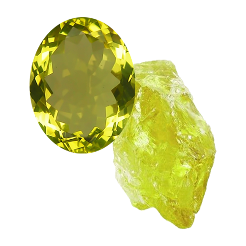 Billede af en facetslebet Lemon kvarts og en rå lemon kvarts ædelsten på usynlig baggrund