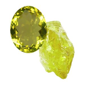 Billede af en facetslebet Lemon kvarts og en rå lemon kvarts ædelsten på usynlig baggrund