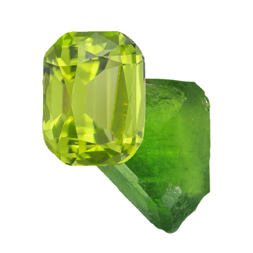 Billede af en facetslebet Peridot og en rå peridot ædelsten på usynlig baggrund