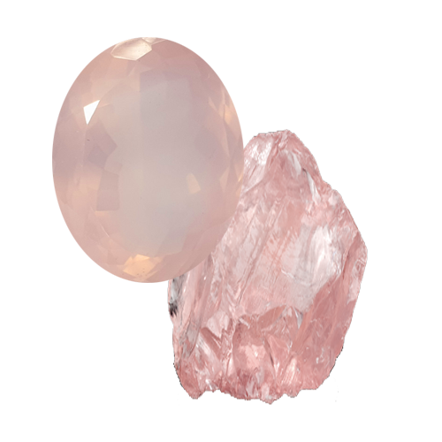 Billede af en facetslebet rosa kvarts og en rå rosa kvarts ædelsten på usynlig baggrund